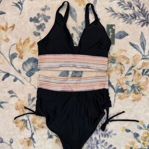 NWT Blooming Jelly Black Two-Piece Swimsuit with Multicolor Waistband M